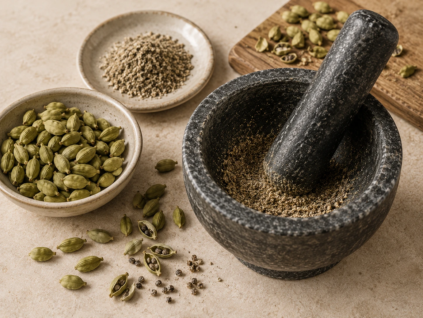 Cracking green cardamom pods and grinding fresh with mortar and pestle