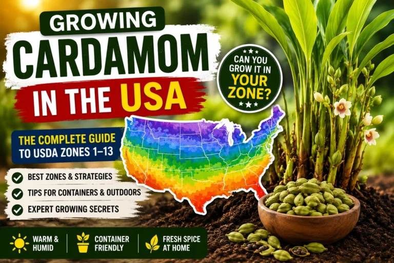 Healthy cardamom plants growing in an American backyard garden with tropical foliage and USDA growing zone concept