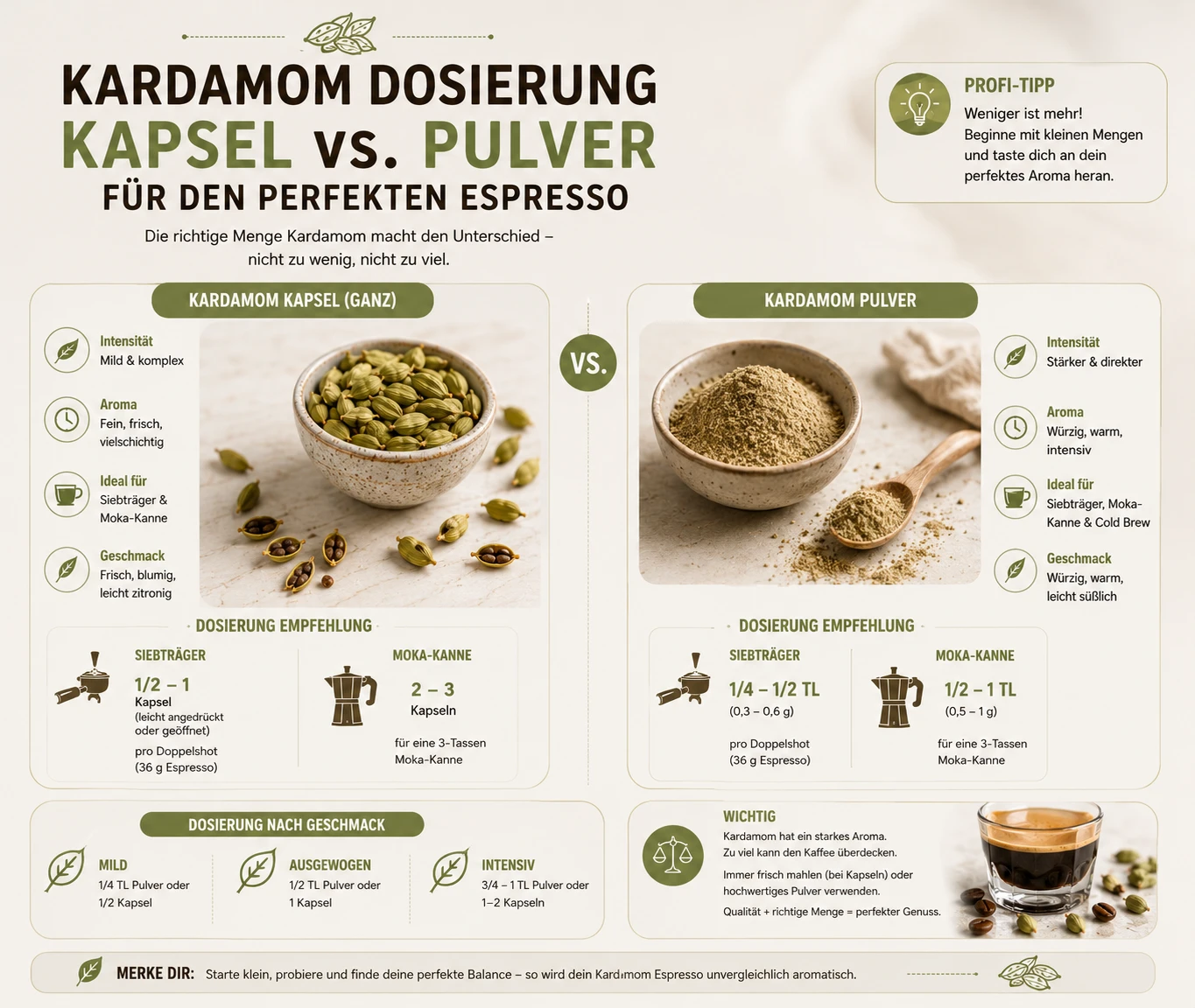 Kardamom Dosierung für Espresso – Pulver, Kapsel und Samen im Vergleich