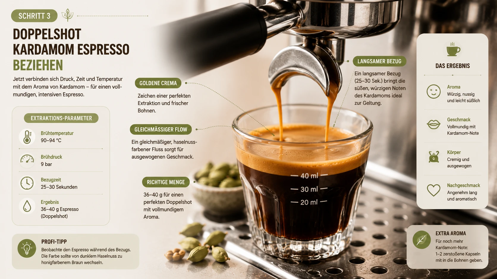 Kardamom Espresso beziehen – goldener Shot läuft aus der Siebträgermaschine