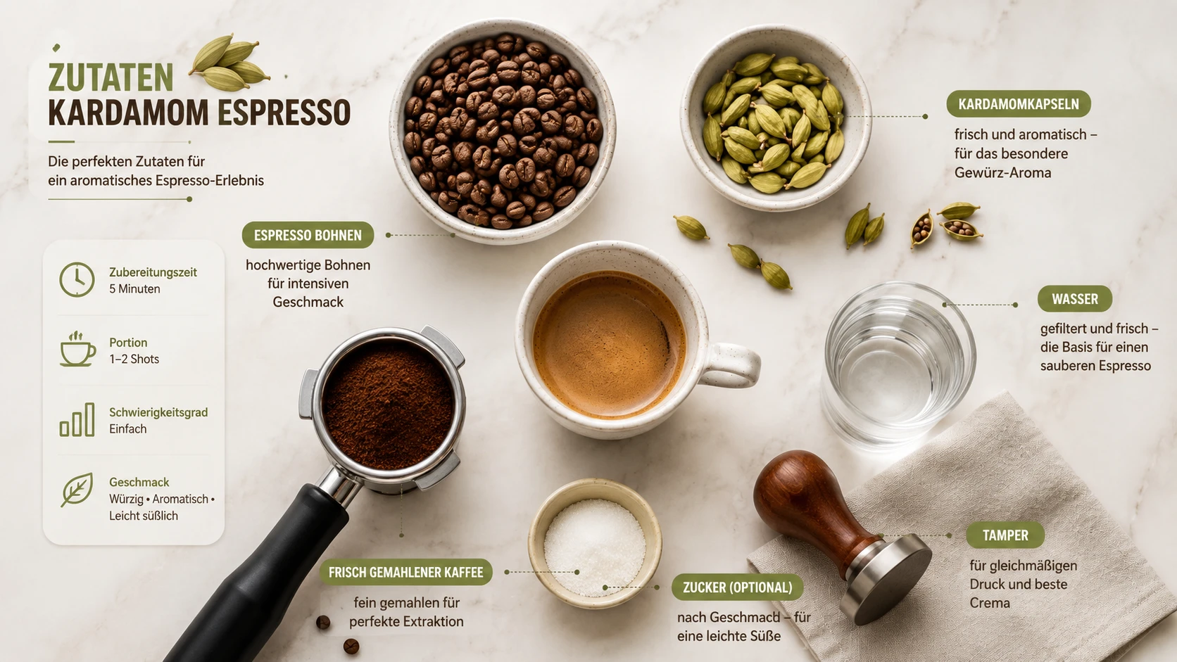 Flatlay aller Zutaten für Kardamom Espresso: Espressobohnen, Kardamomkapseln, Wasser, Tamper