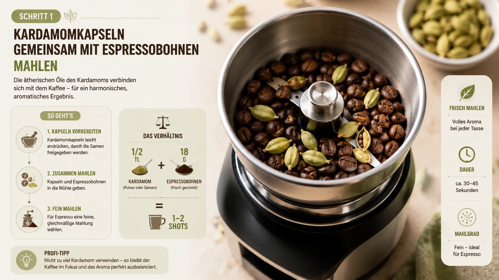 Kardamomkapseln frisch mahlen für Espresso – Samen gemeinsam mit Bohnen vorbereiten