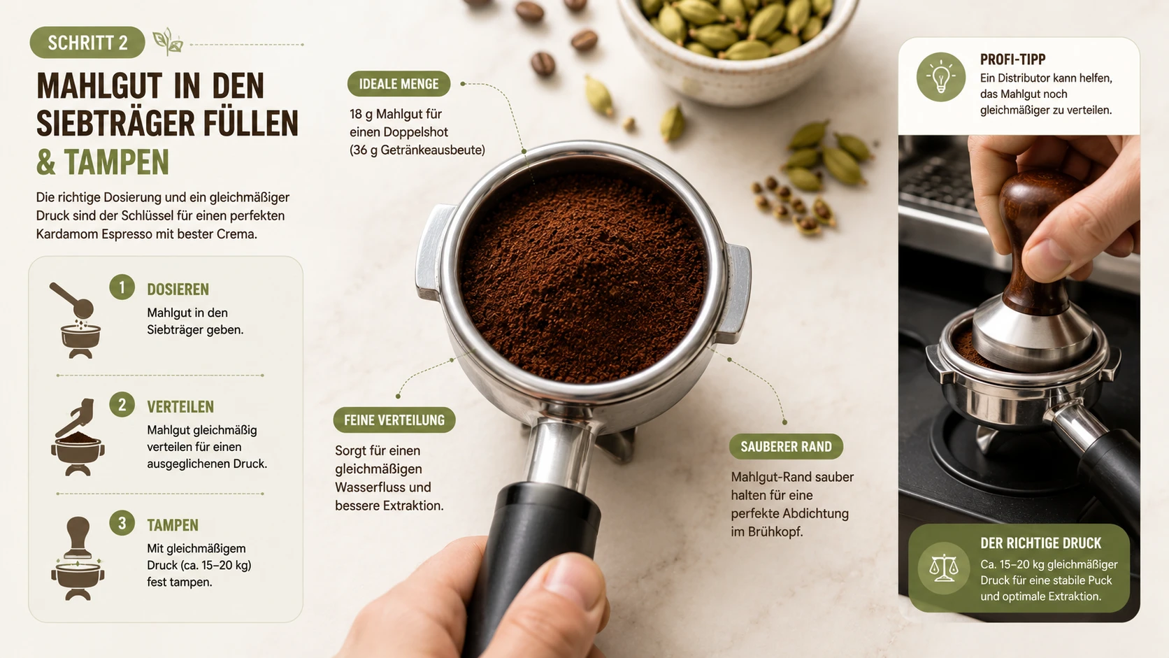 Kardamom Espresso Siebträger befüllen – Mahlgut gleichmäßig verteilen und tampen