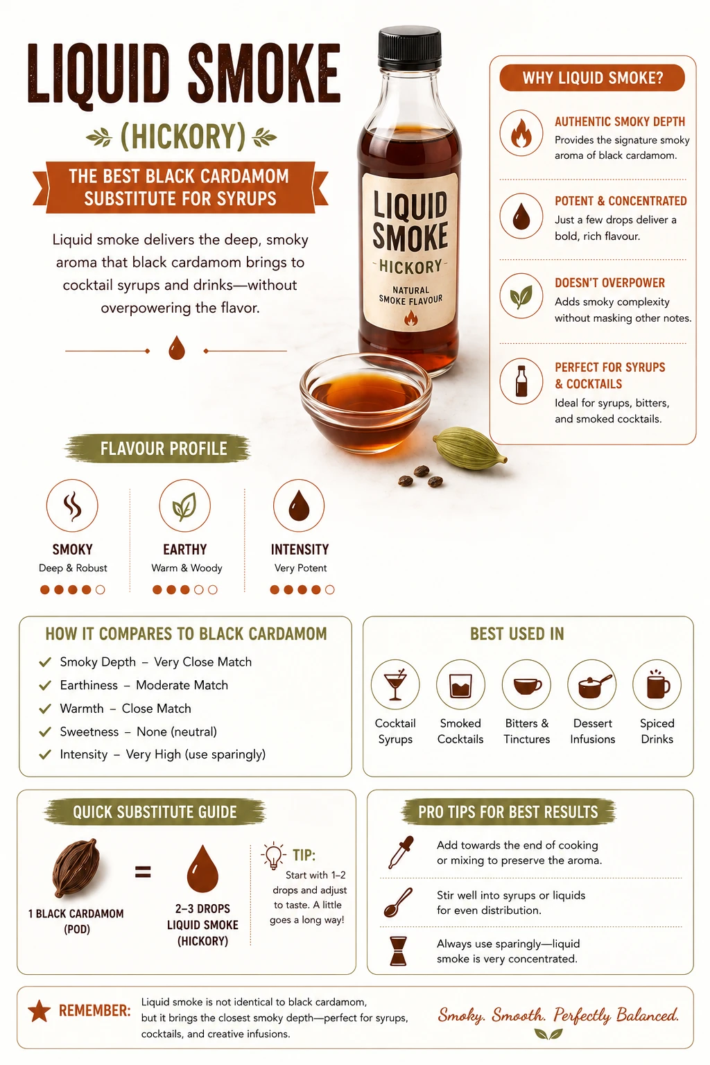 Liquid smoke and green cardamom pod — black cardamom substitute for cocktail syrup