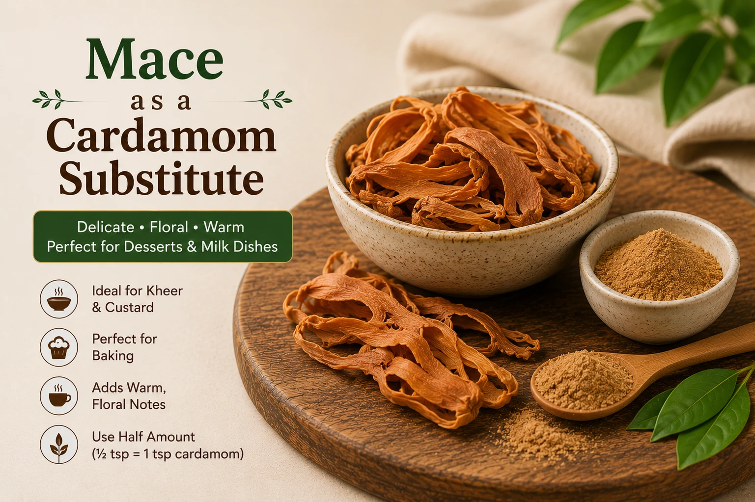 Mace spice blades as delicate cardamom substitute for kheer and custard
