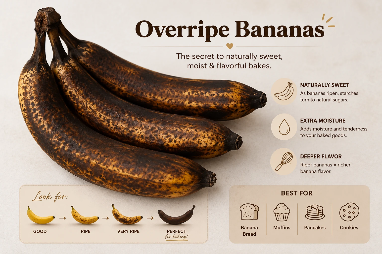 Three large overripe black-spotted bananas