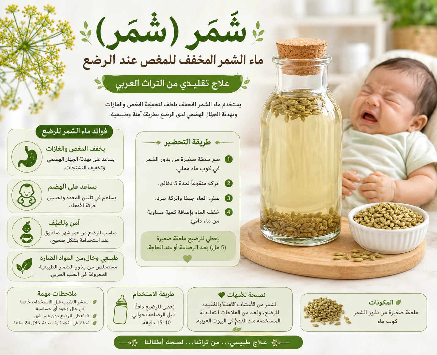 Diluted Shamar fennel water for infant colic — traditional Arab remedy for babies