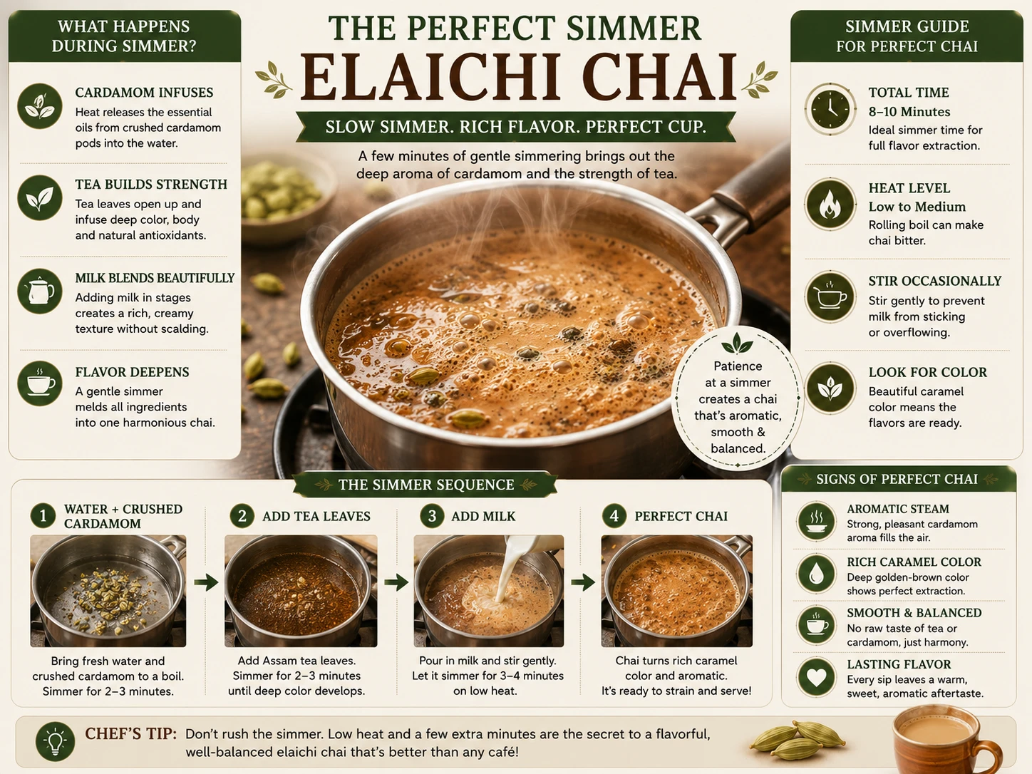 Elaichi chai simmering in a saucepan turning caramel colored