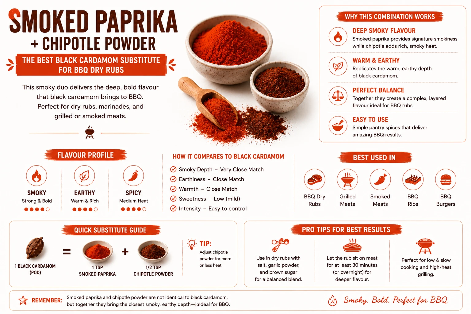 Hot smoked paprika and chipotle powder — the best black cardamom substitute for BBQ dry rubs