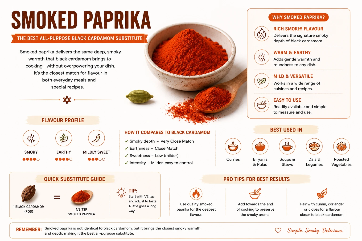 Smoked paprika and a whole green cardamom pod — the best all-purpose black cardamom substitute