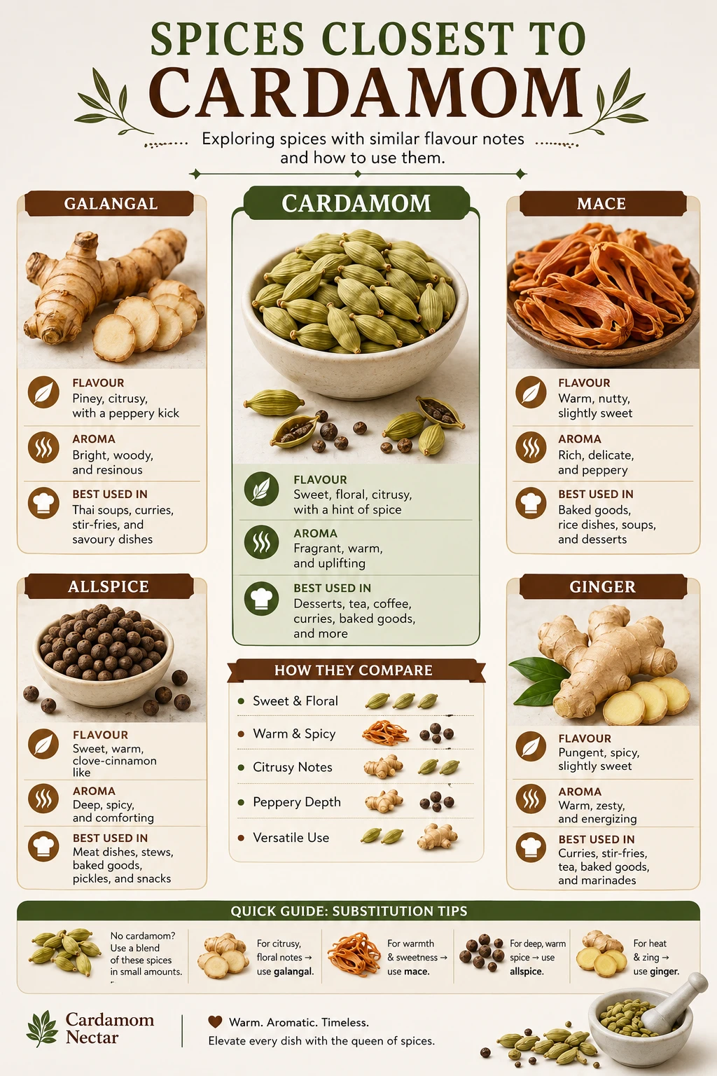 Spices closest to cardamom flavour including galangal mace allspice and ginger arranged for comparison