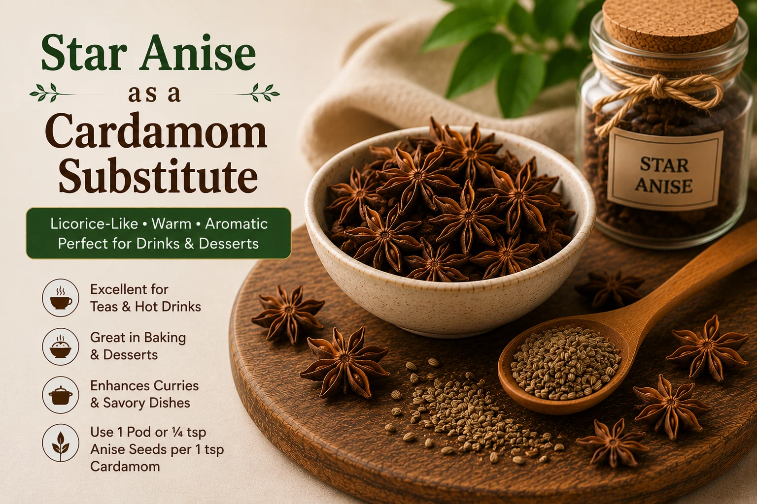 Star anise and anise seeds as licorice flavoured cardamom substitute for drinks