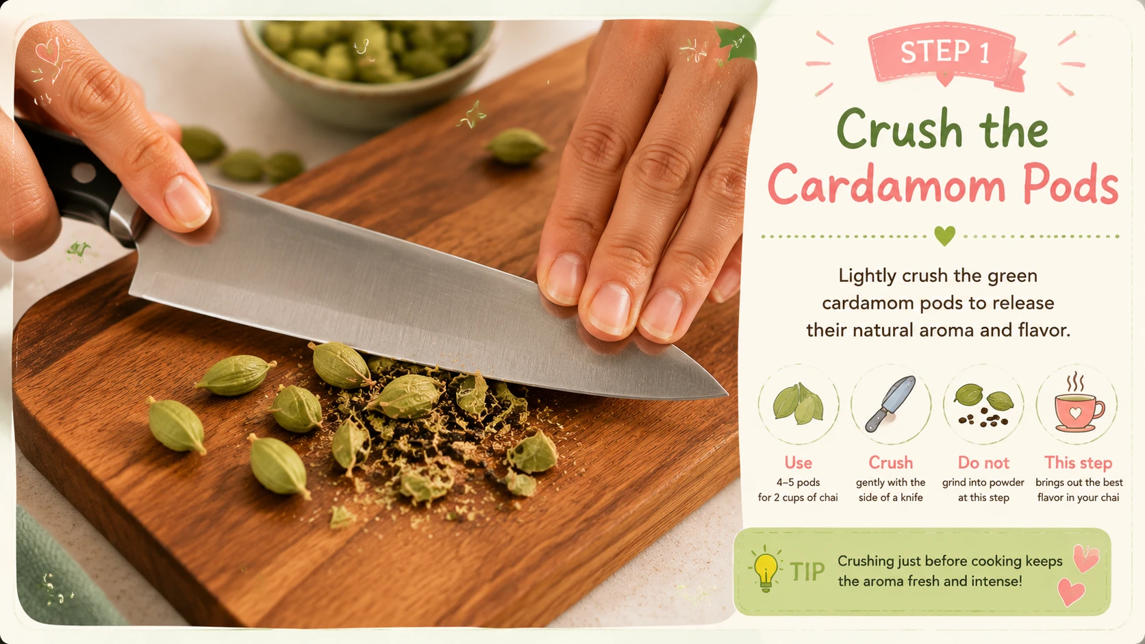Crushing green cardamom pods with a knife