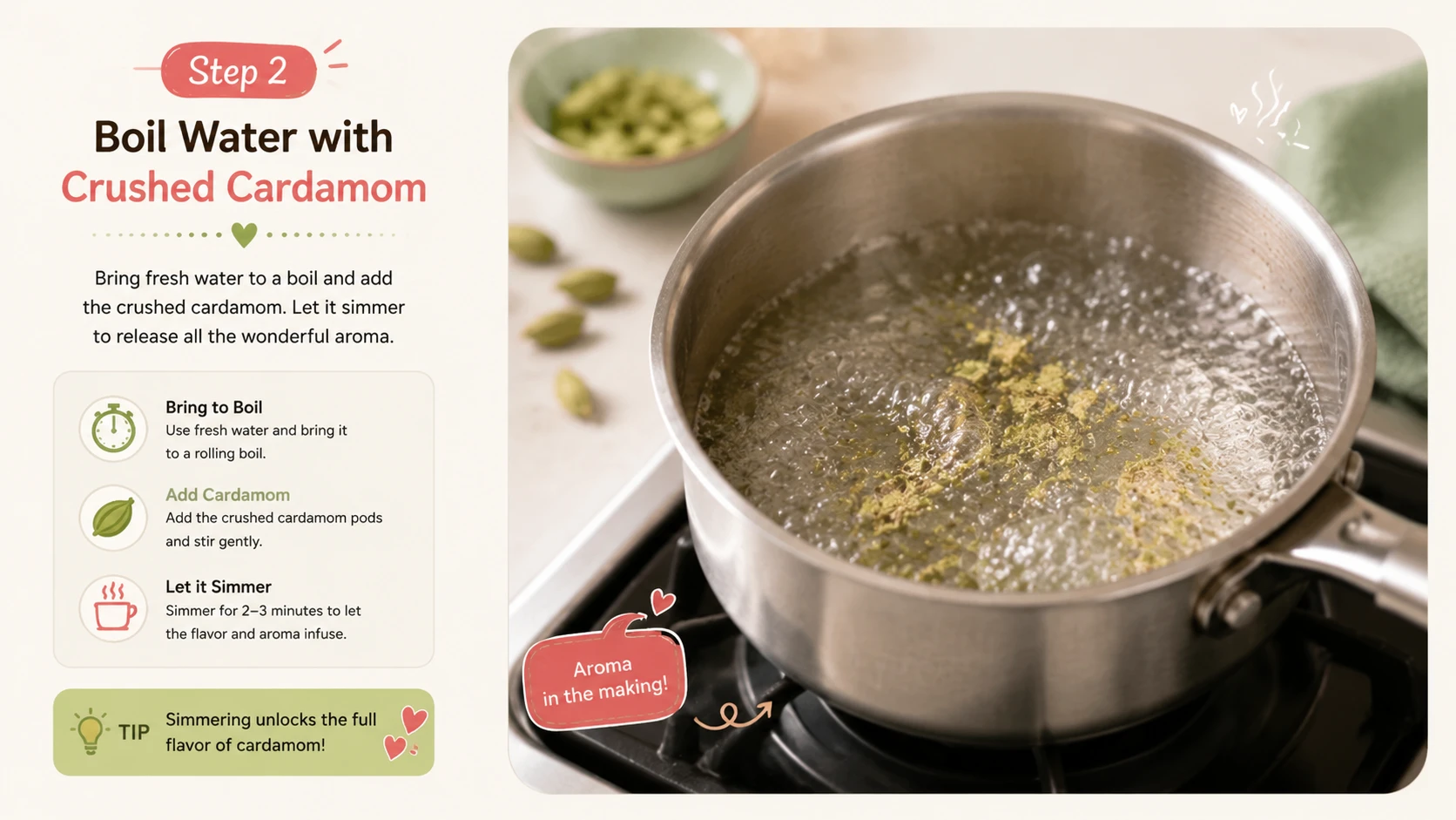 Water boiling with crushed cardamom pods in a saucepan