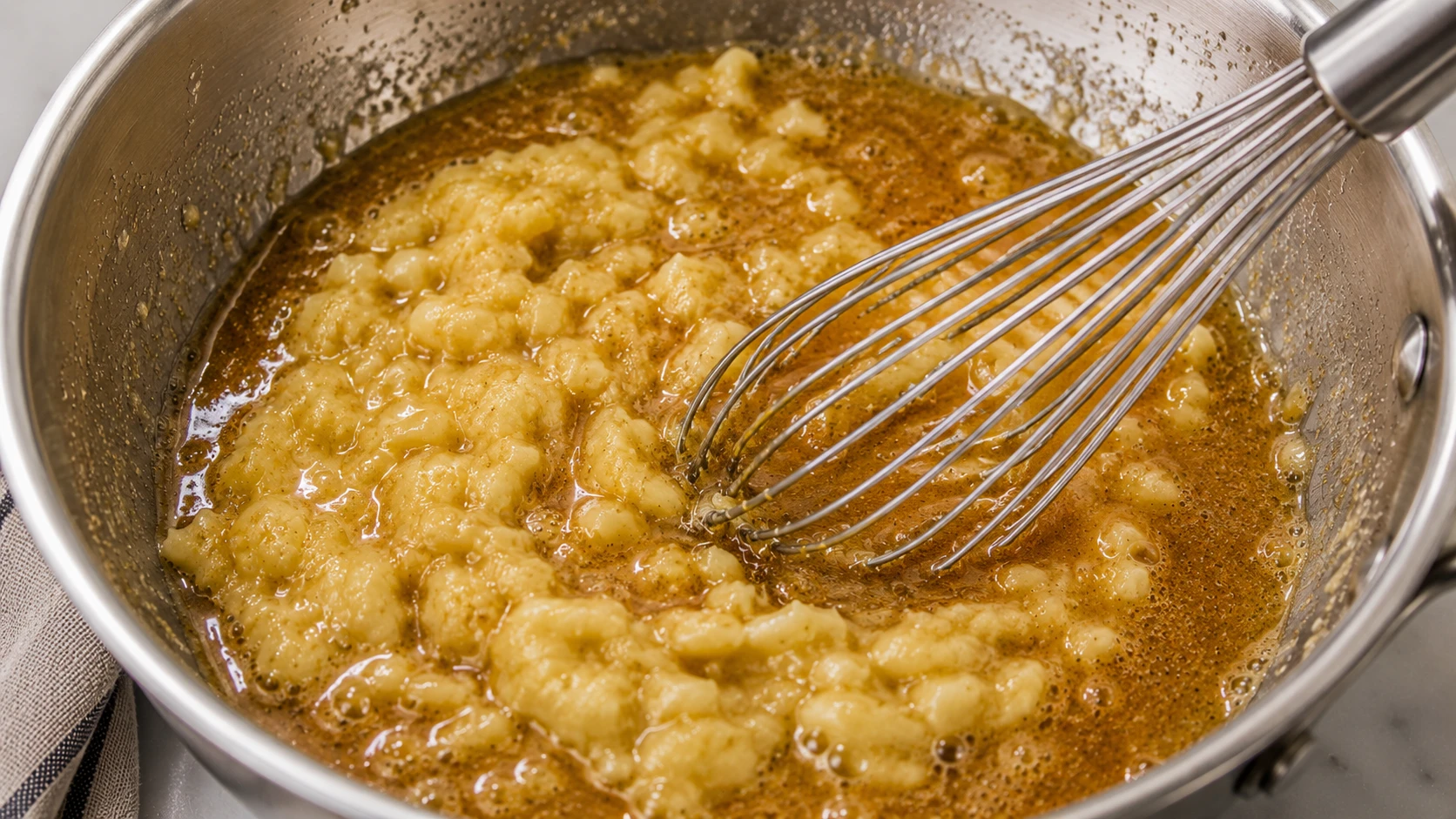 Mashed bananas whisked into brown cardamom butter