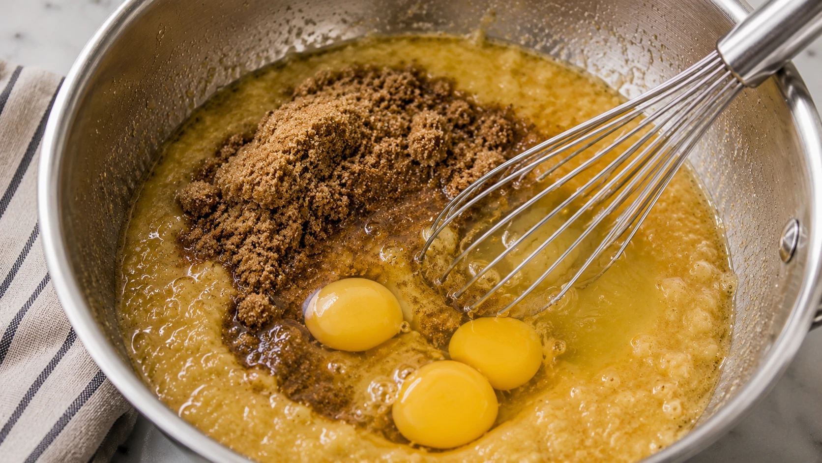 Whisking eggs and brown sugar into the mixture