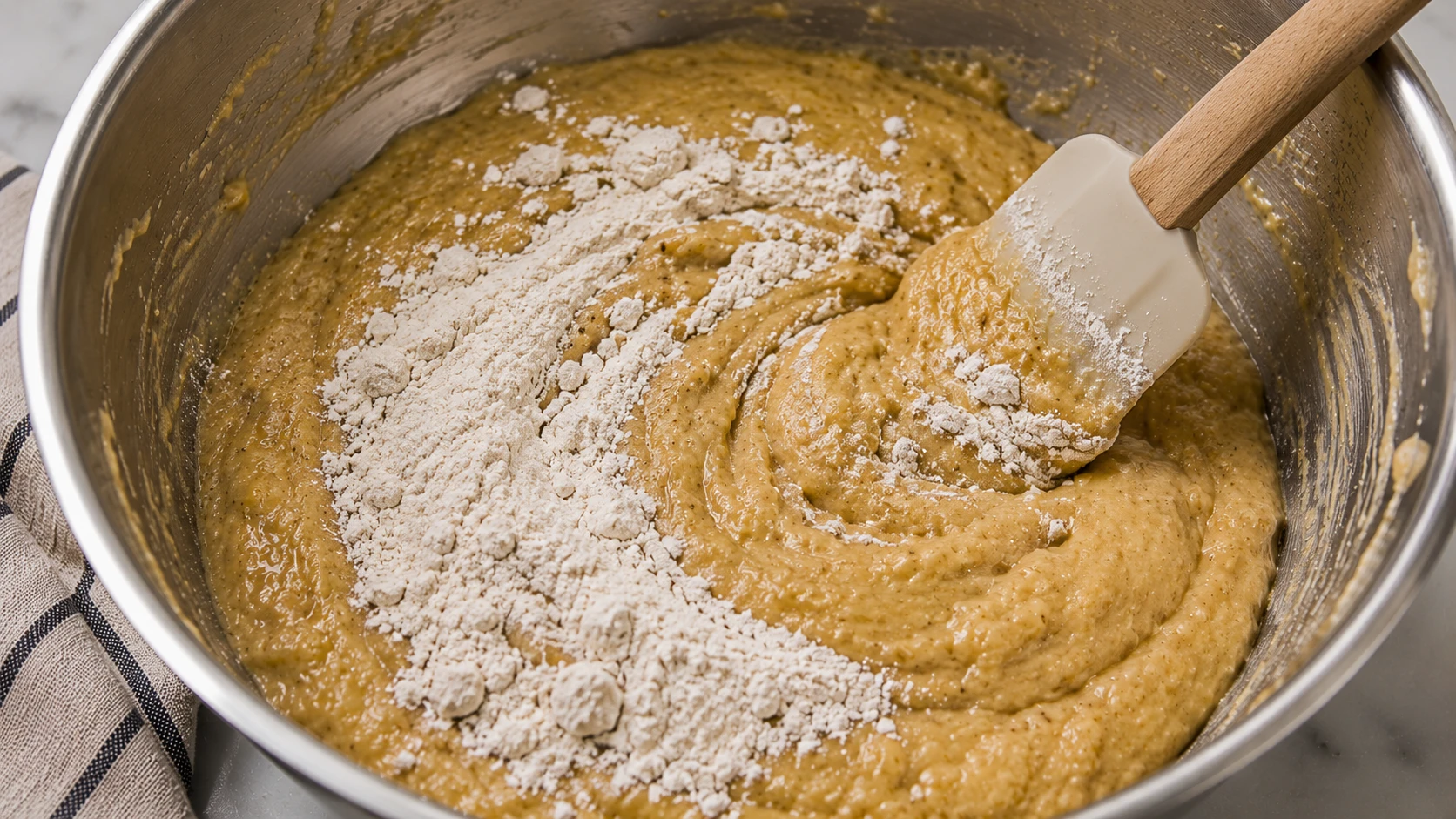 Folding flour into batter with rubber spatula
