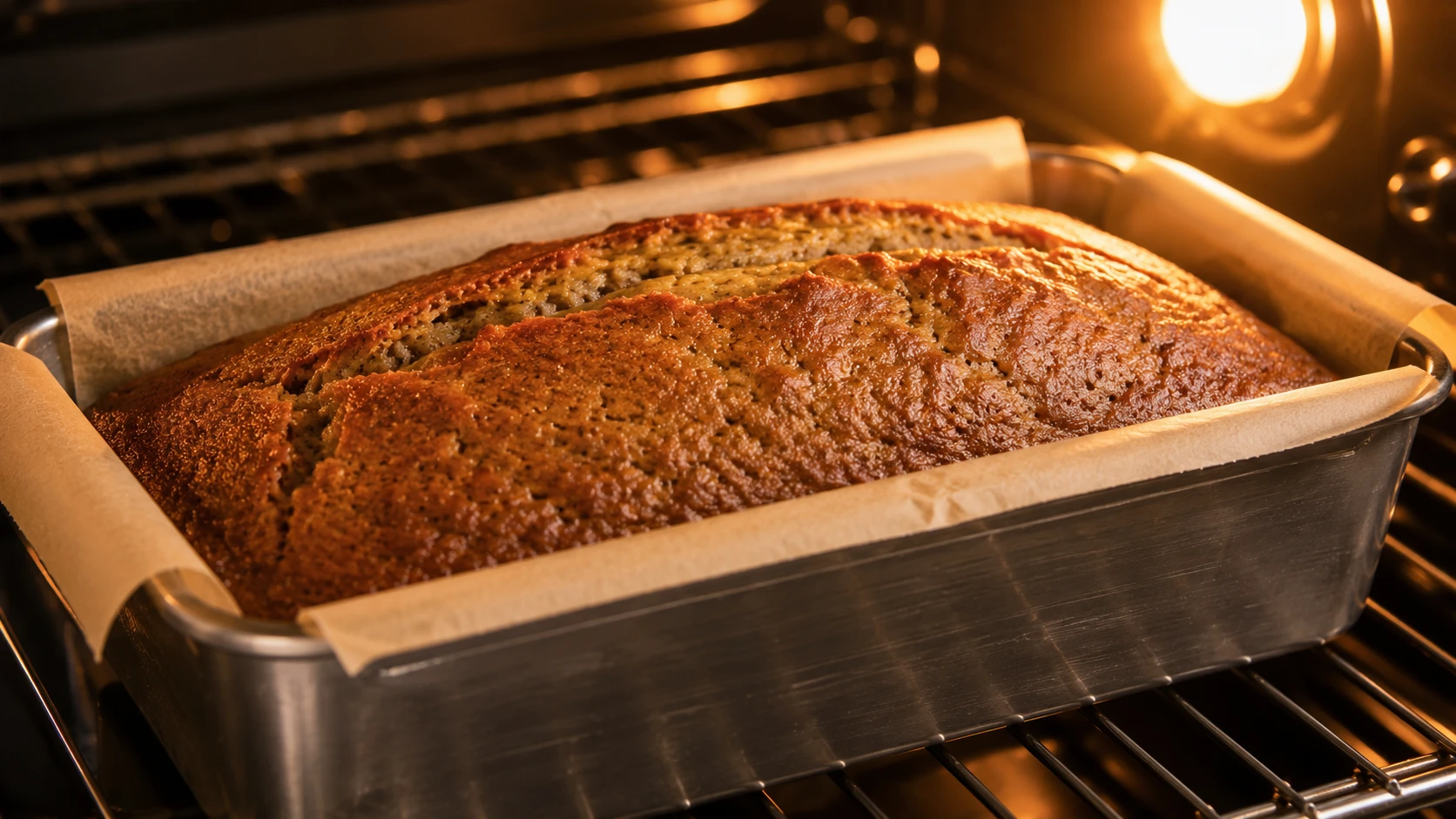 Loaf pan in oven with golden crust forming