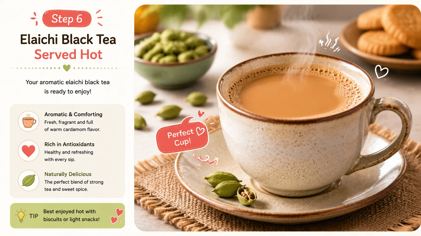 Elaichi black tea served hot in a ceramic cup