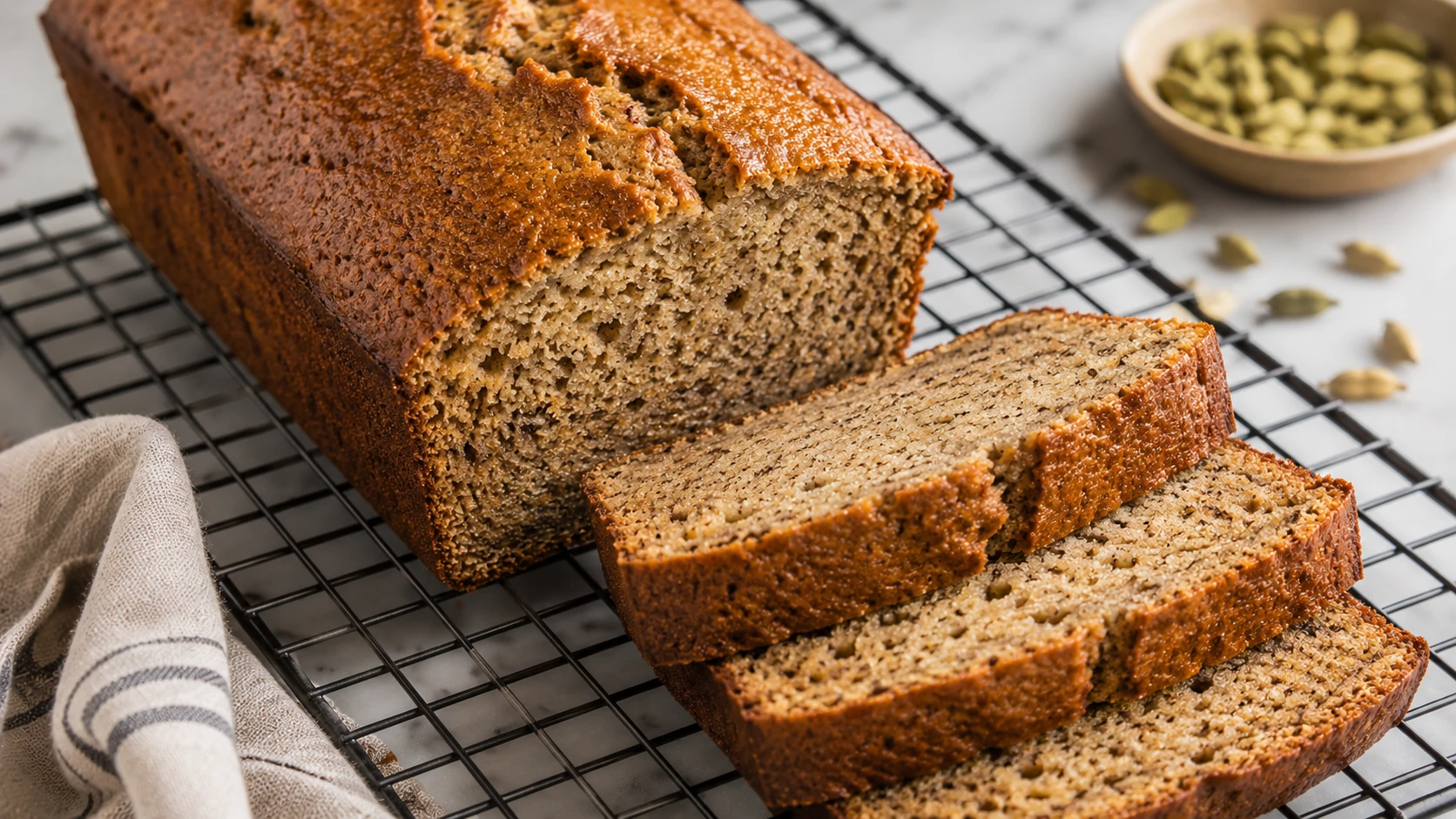 Sliced cardamom banana bread on wire rack