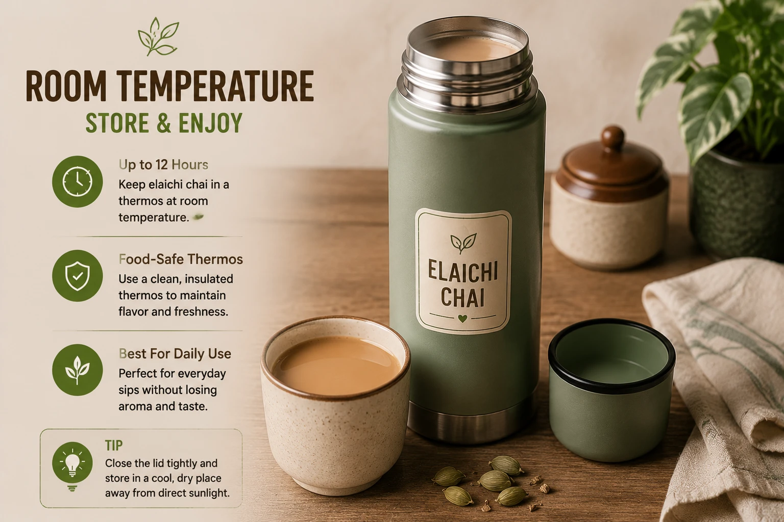 Elaichi chai in a thermos at room temperature