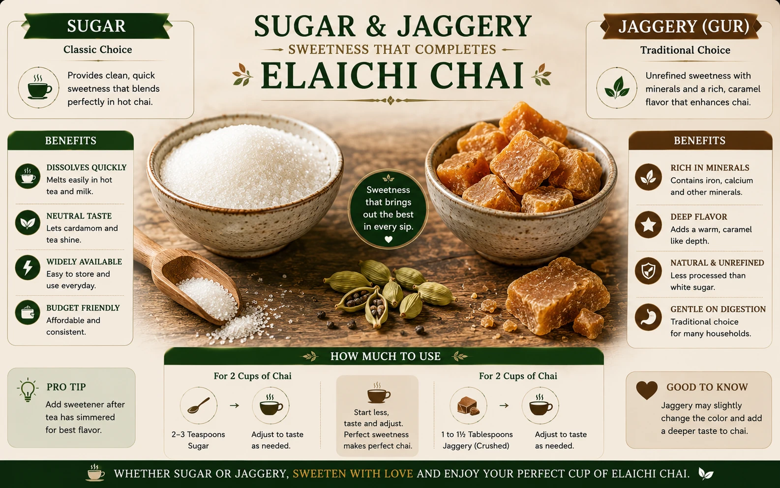 Sugar and jaggery for sweetening chai