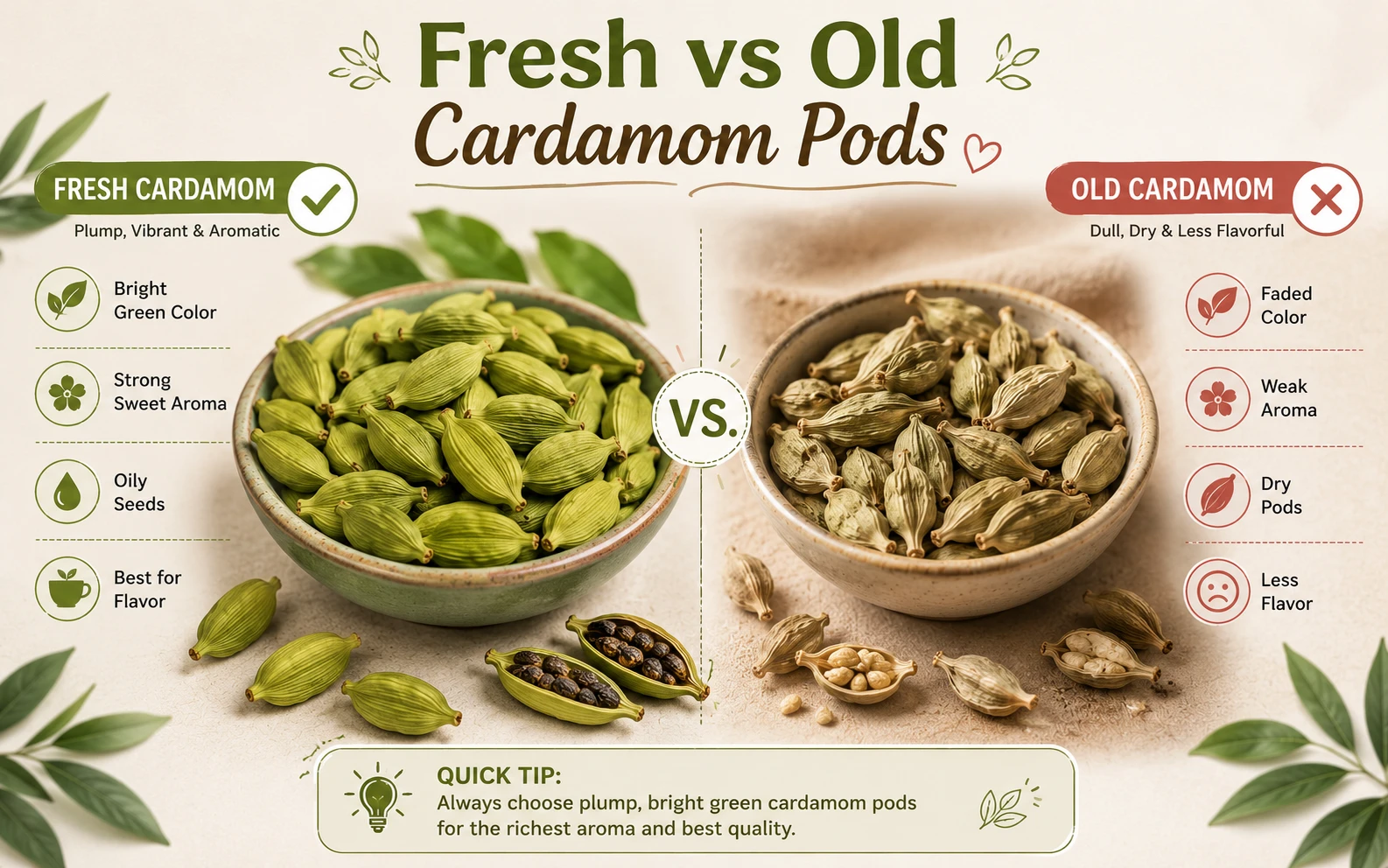 Fresh plump green cardamom pods compared to old dry ones