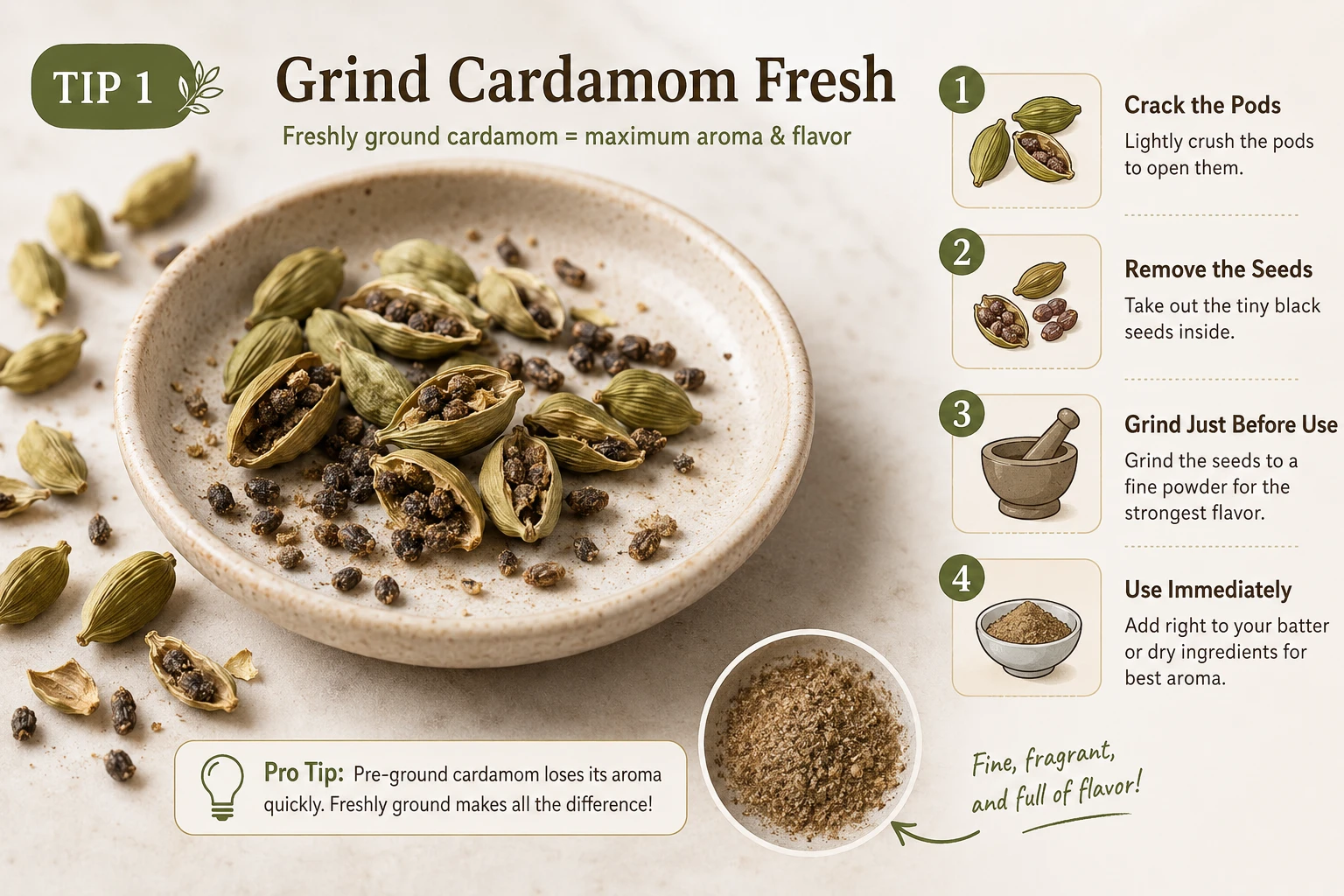 Green cardamom pods cracked open for fresh grinding