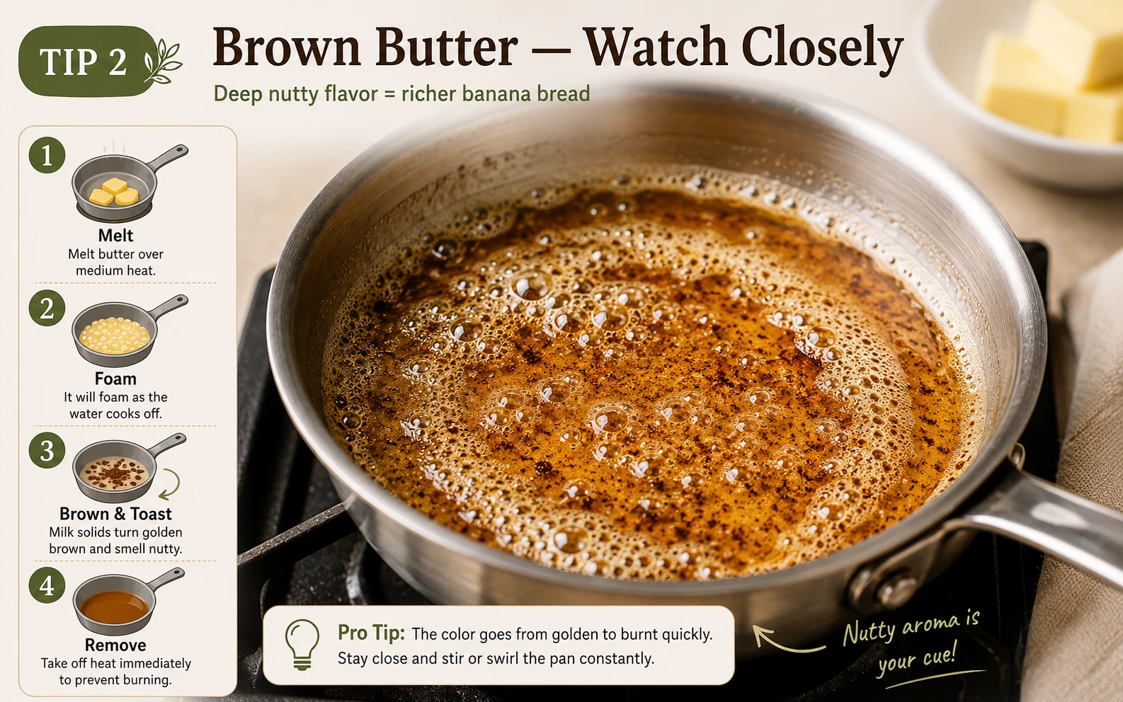 Close-up of brown butter in saucepan