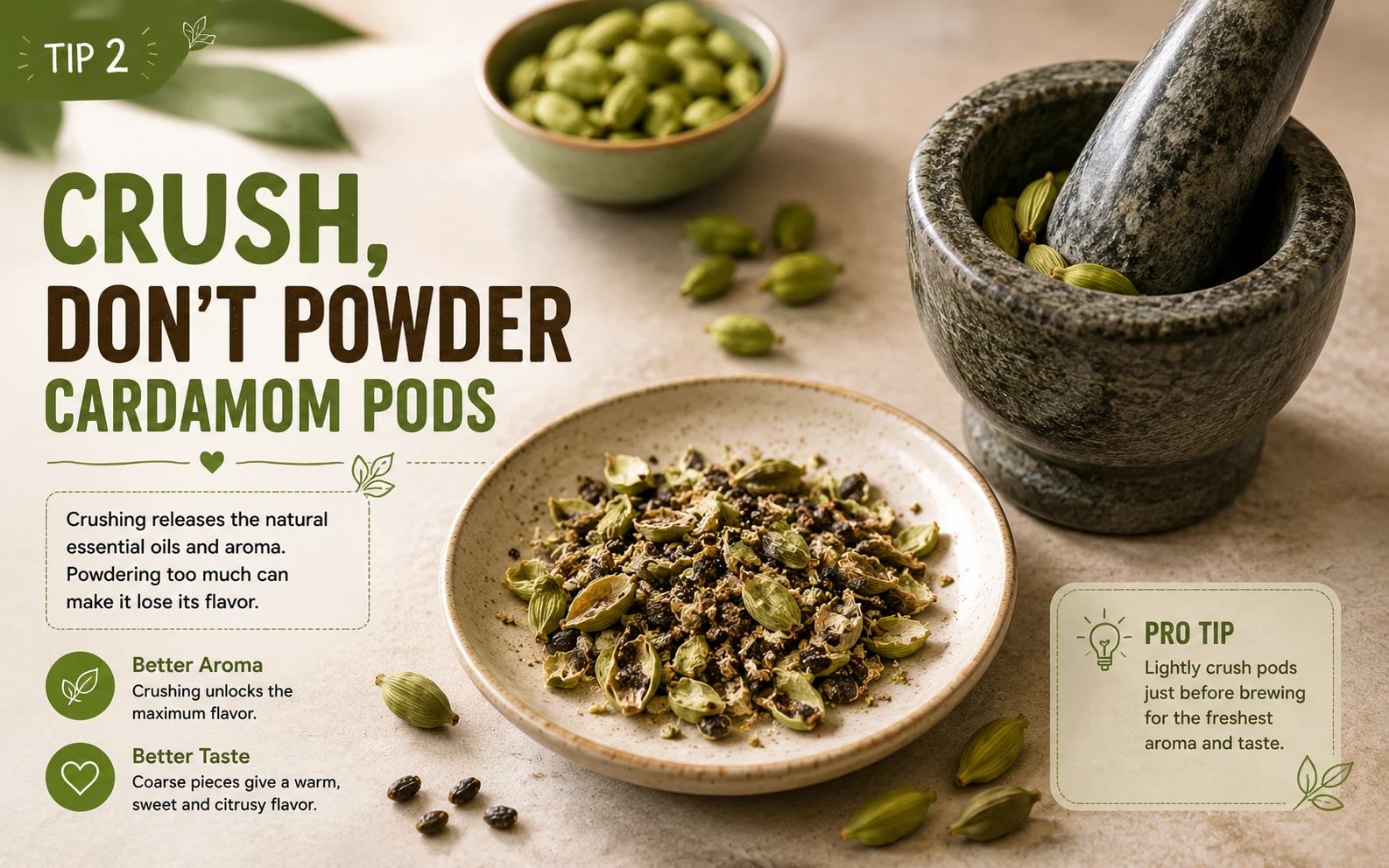 Coarsely crushed cardamom pods next to a mortar