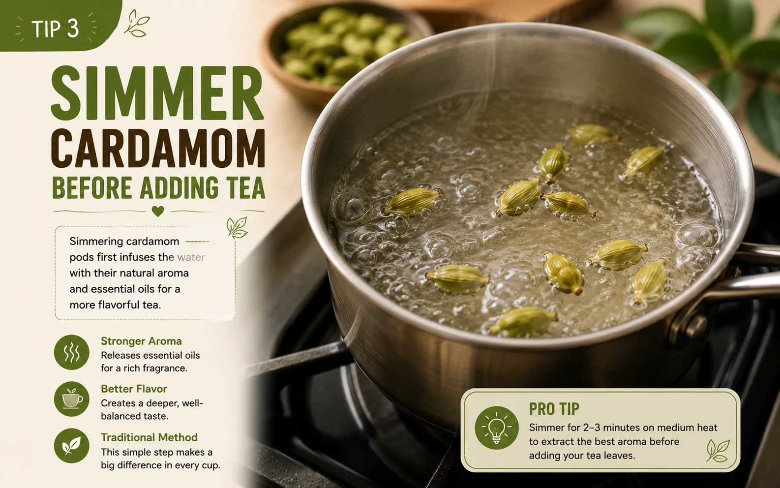 Cardamom pods simmering alone in water before tea is added