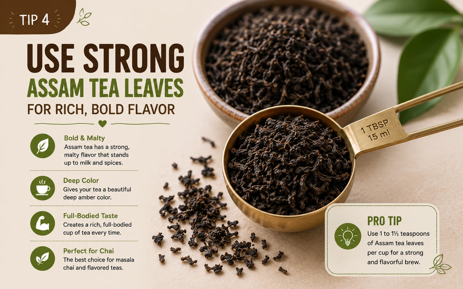 Strong Assam black tea leaves being measured