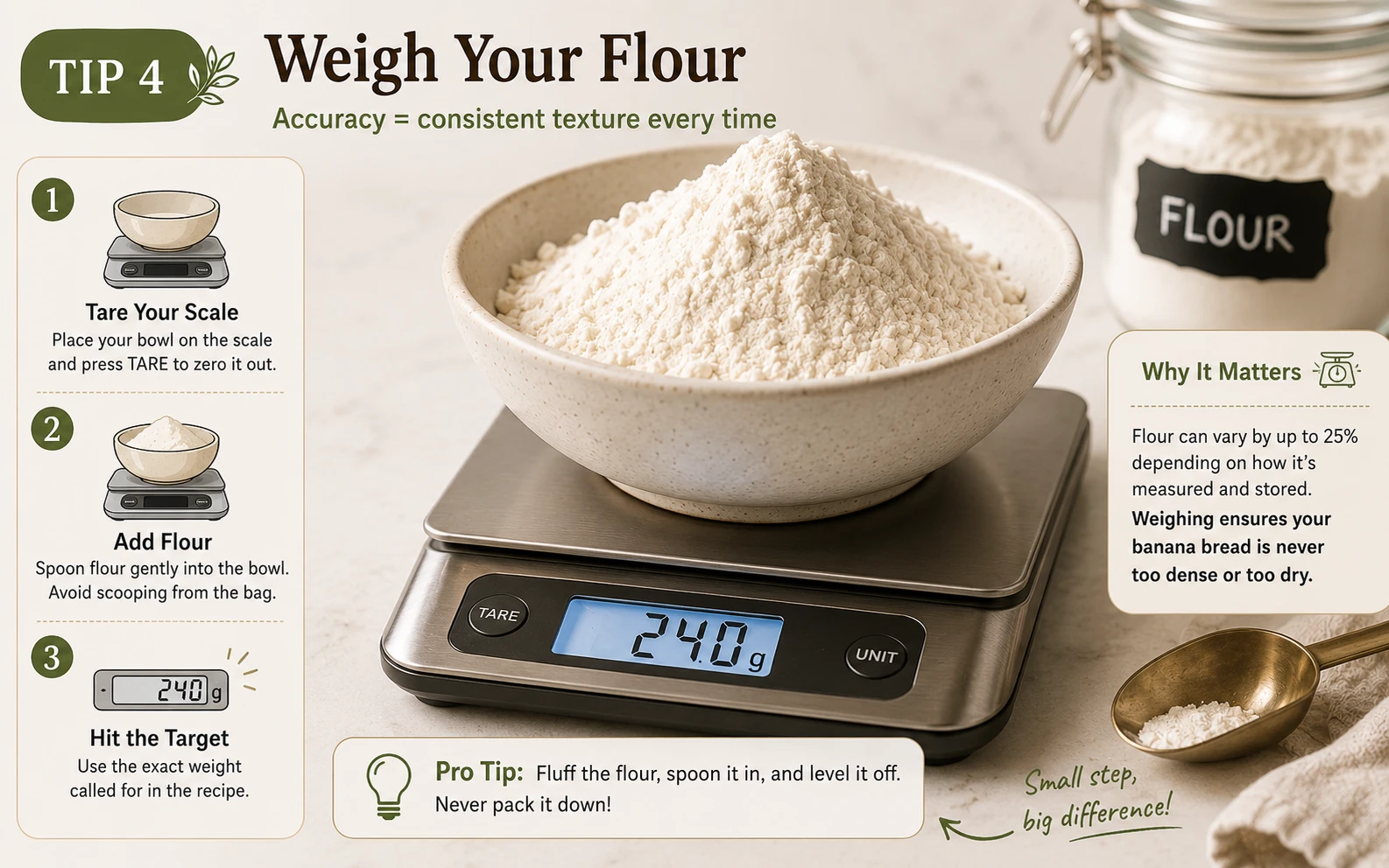 Digital kitchen scale showing flour weight