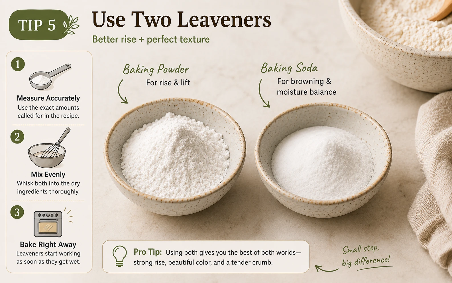 Baking powder and baking soda in small bowls
