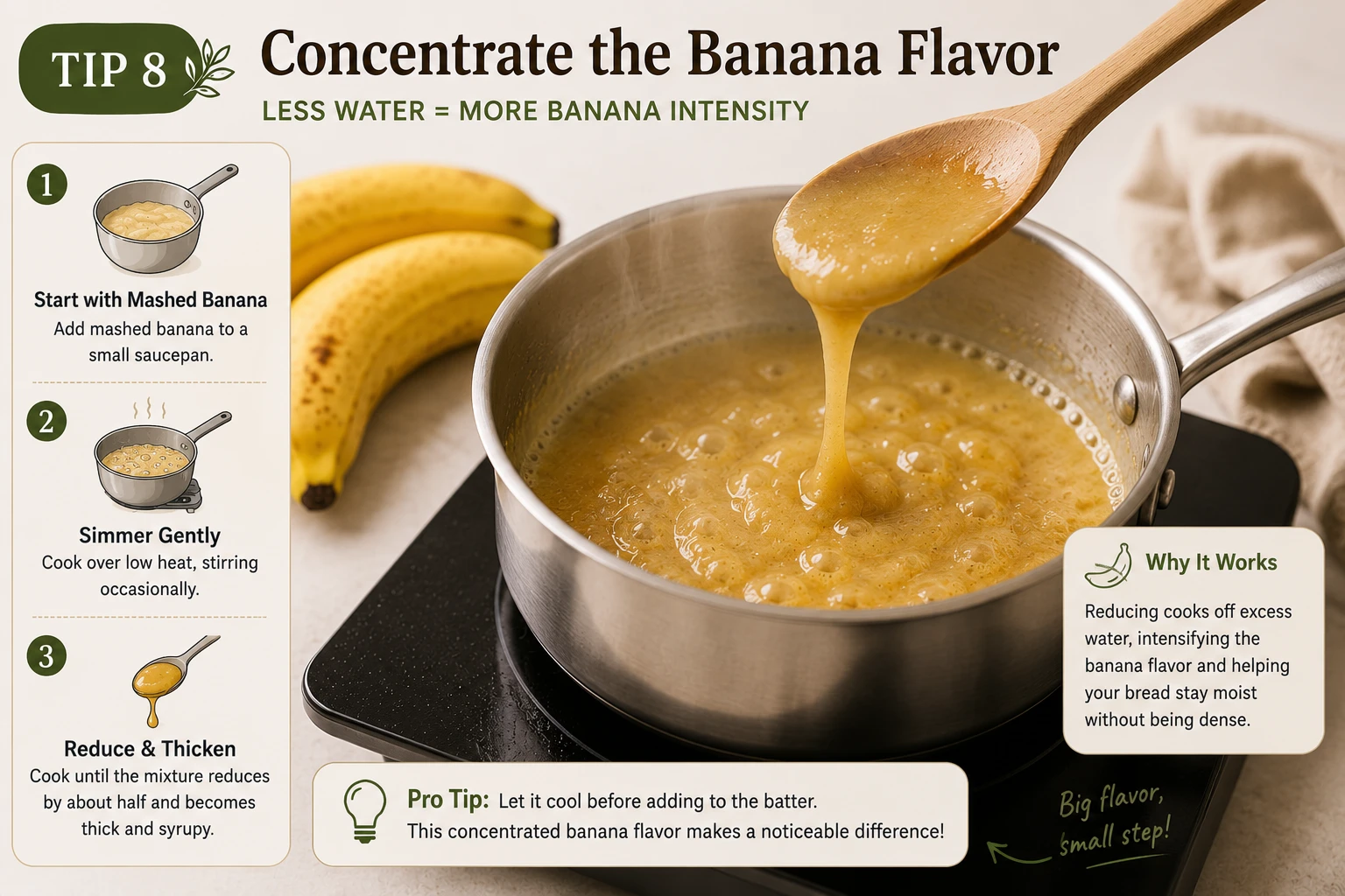 Mashed banana liquid being reduced to a concentrate in a small saucepan