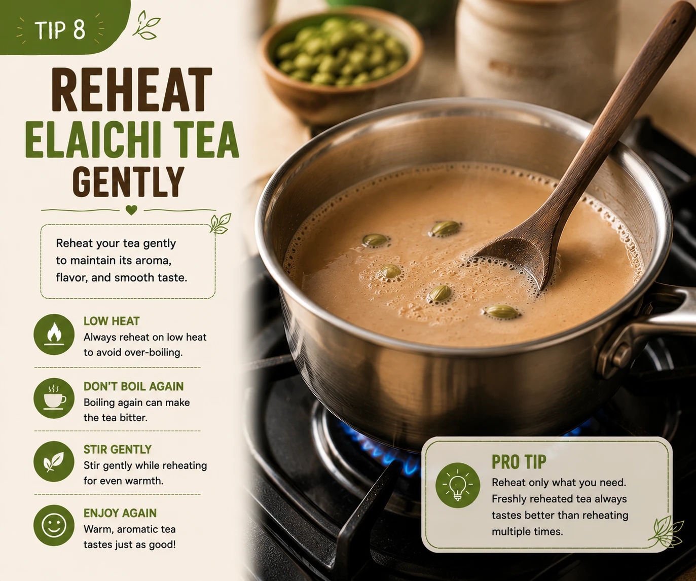 Leftover elaichi tea being gently reheated on the stove