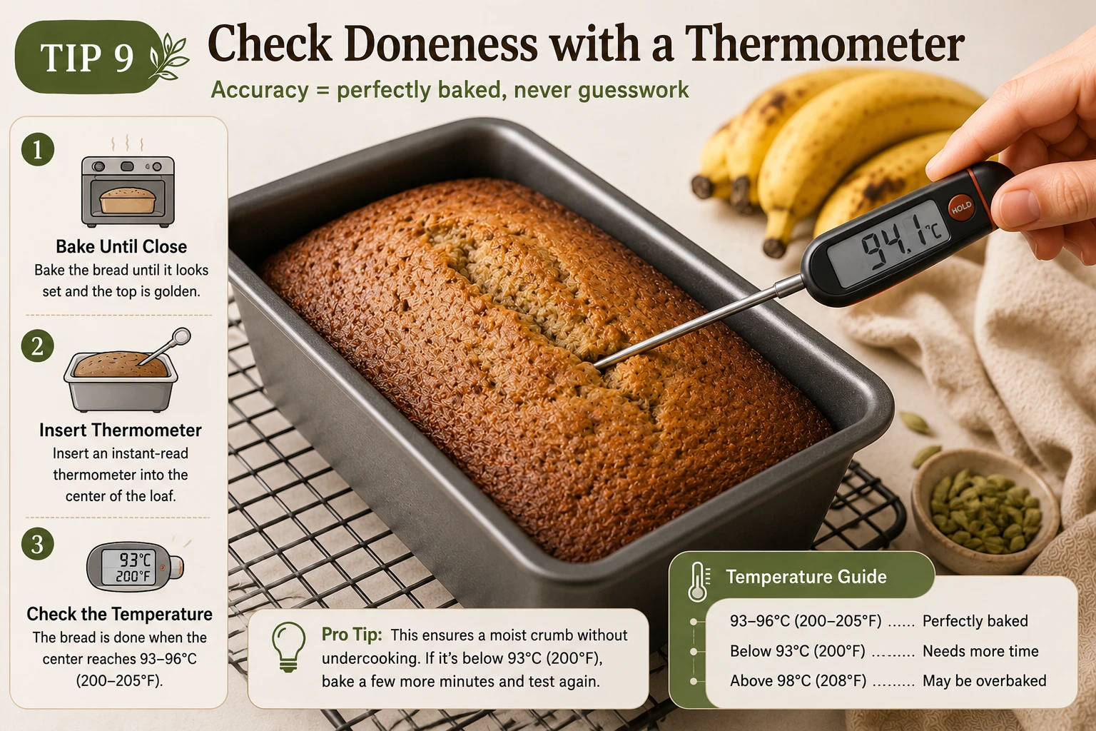 Instant read thermometer inserted into baked banana bread showing internal temperature