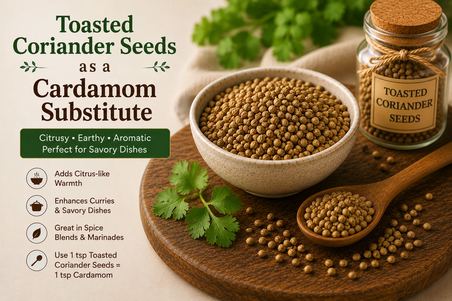 Toasted coriander seeds as citrusy cardamom substitute for savory dishes