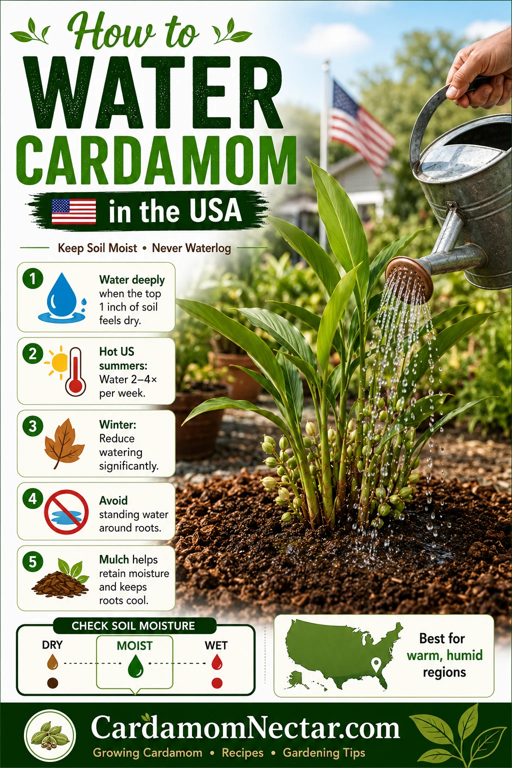 Watering a cardamom plant correctly in a US garden