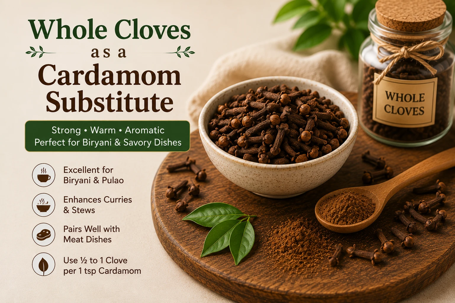 Whole cloves as strong cardamom substitute for biryani and savory dishes