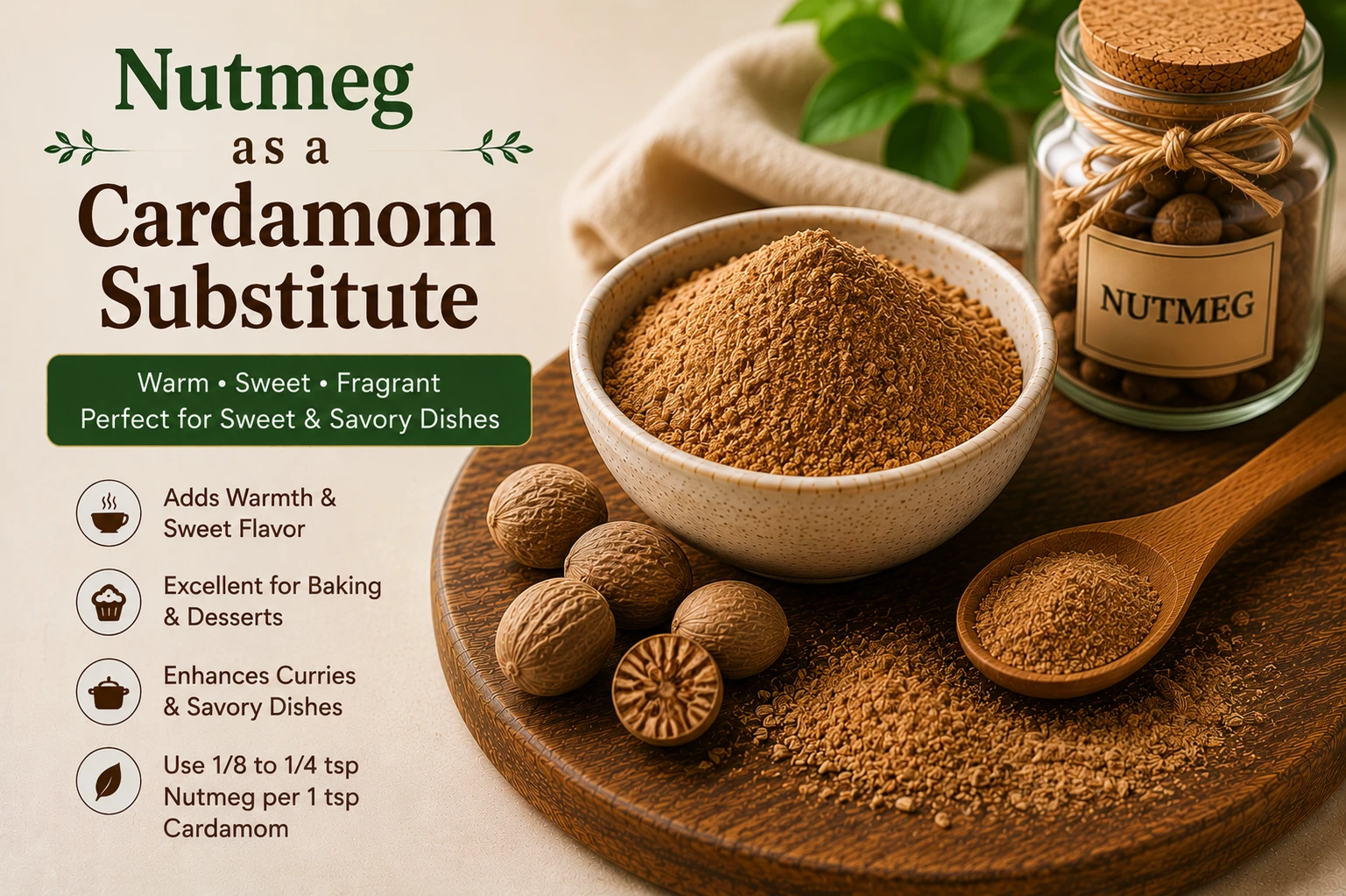 Freshly grated whole nutmeg as warm sweet cardamom substitute for rice pudding