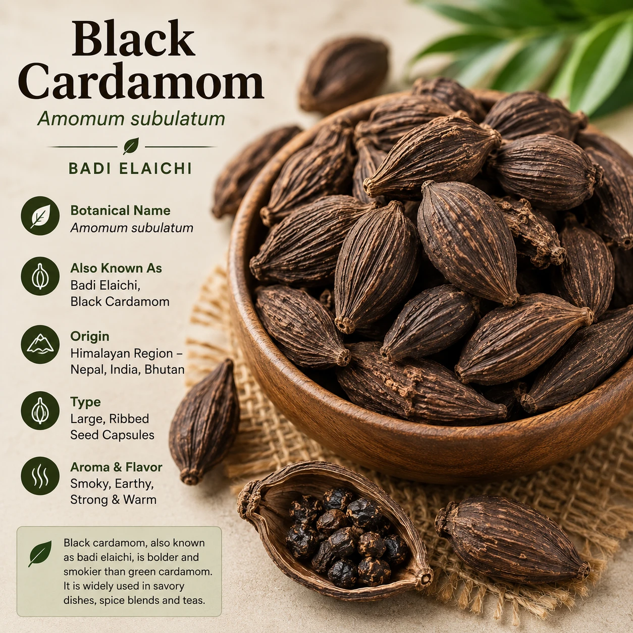 Black cardamom pods Amomum subulatum badi elaichi dark ribbed capsules Nepal India — black cardamom type