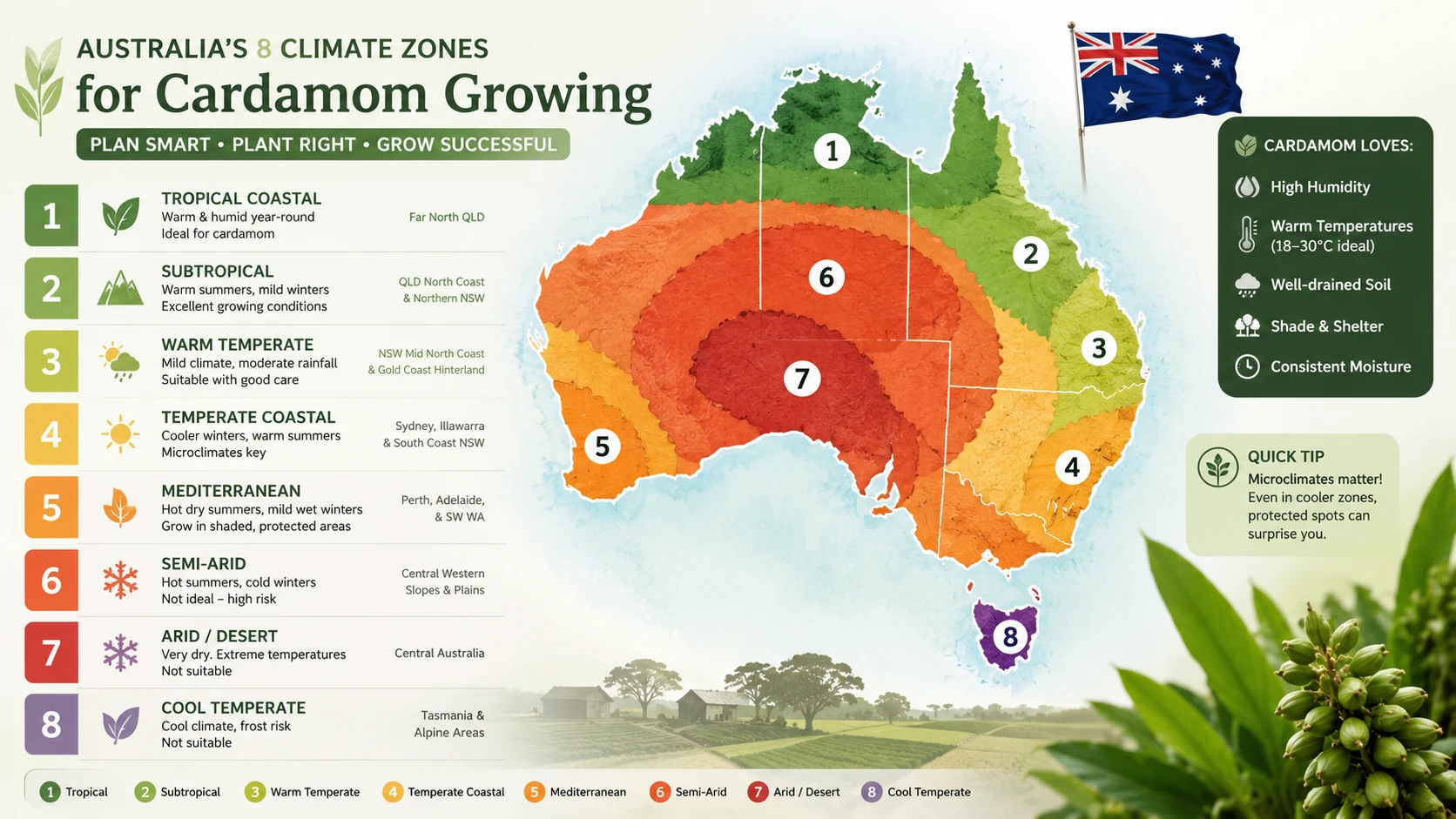 Infographic mapping Australia's 8 climate zones for cardamom growing strategy