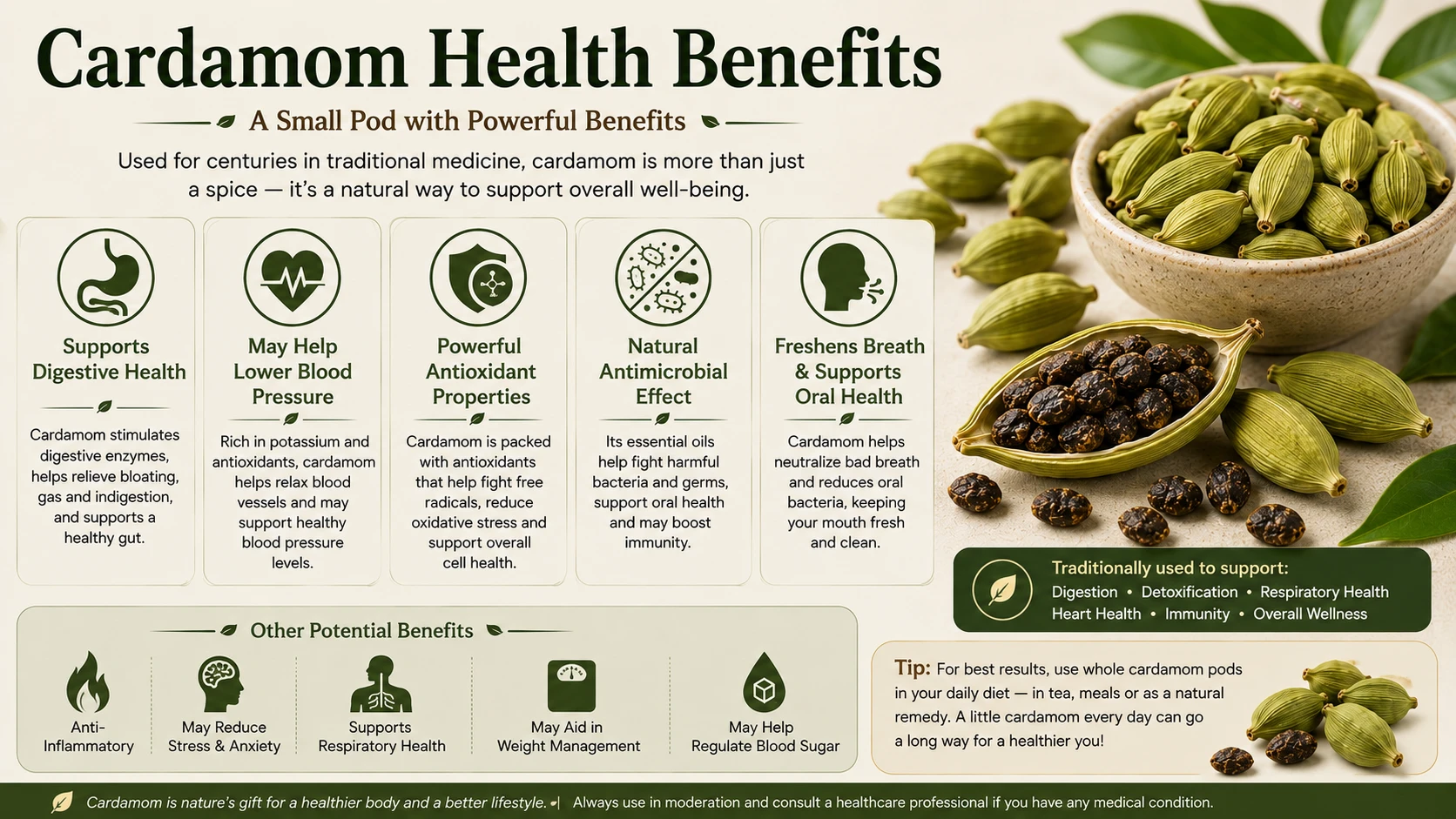 Cardamom health benefits — digestive blood pressure antioxidant antimicrobial — medicinal uses of cardamom