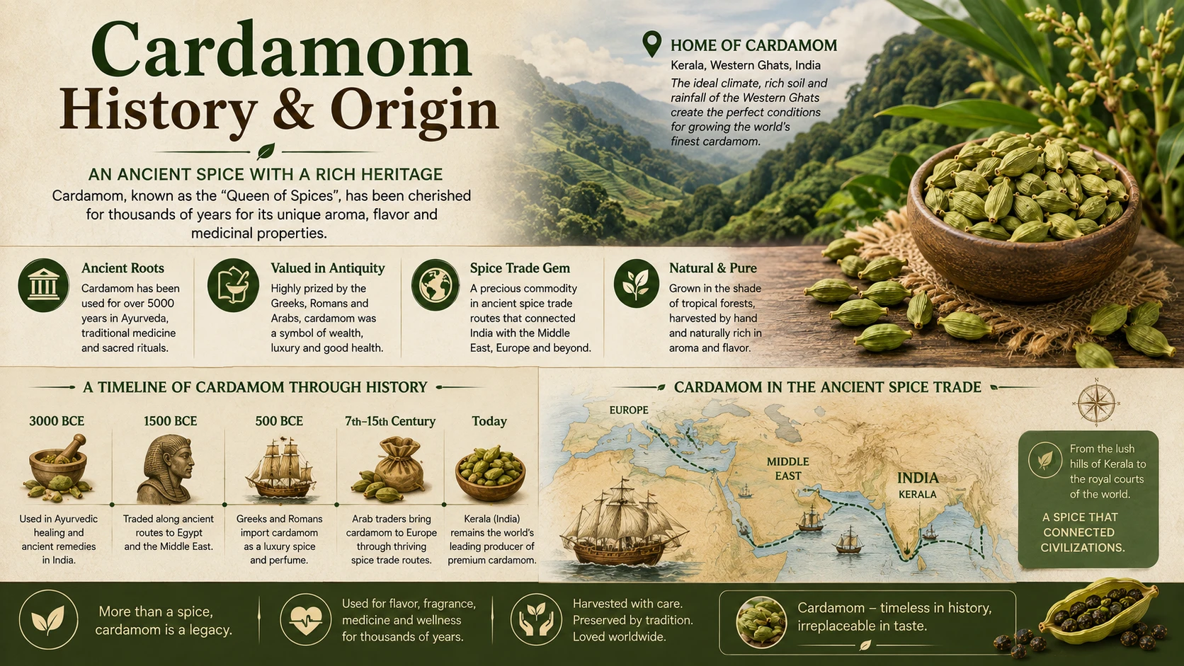 Cardamom history and origin — ancient spice Kerala Western Ghats India — history of cardamom 5000 years