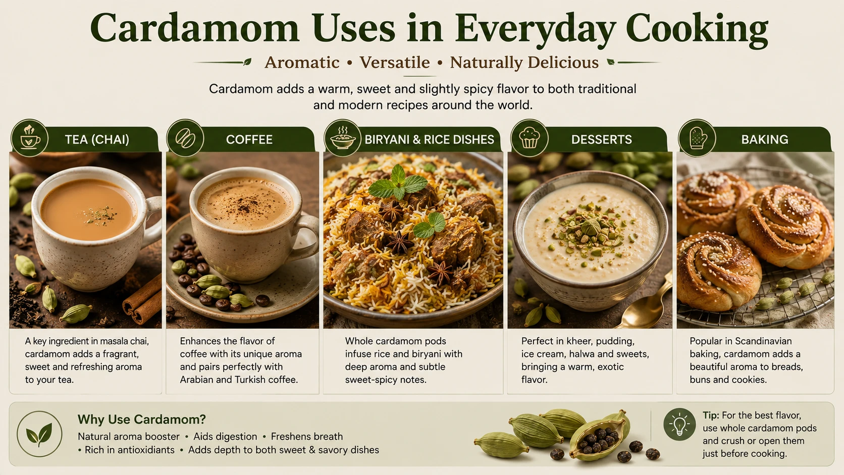 Cardamom uses in cooking — cardamom pods in chai tea coffee biryani desserts Scandinavian baking — what is cardamom used for