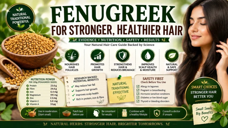 Fenugreek for hair featured image showing golden fenugreek seeds natural hair oil and fenugreek hair paste for hair growth and scalp care