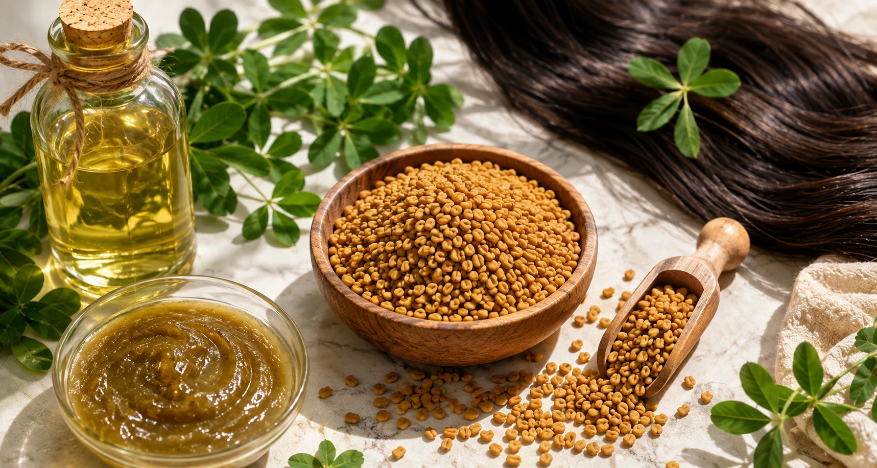 Fenugreek seeds methi dana with healthy long hair woman showing fenugreek for hair growth benefits and DIY hair mask recipes