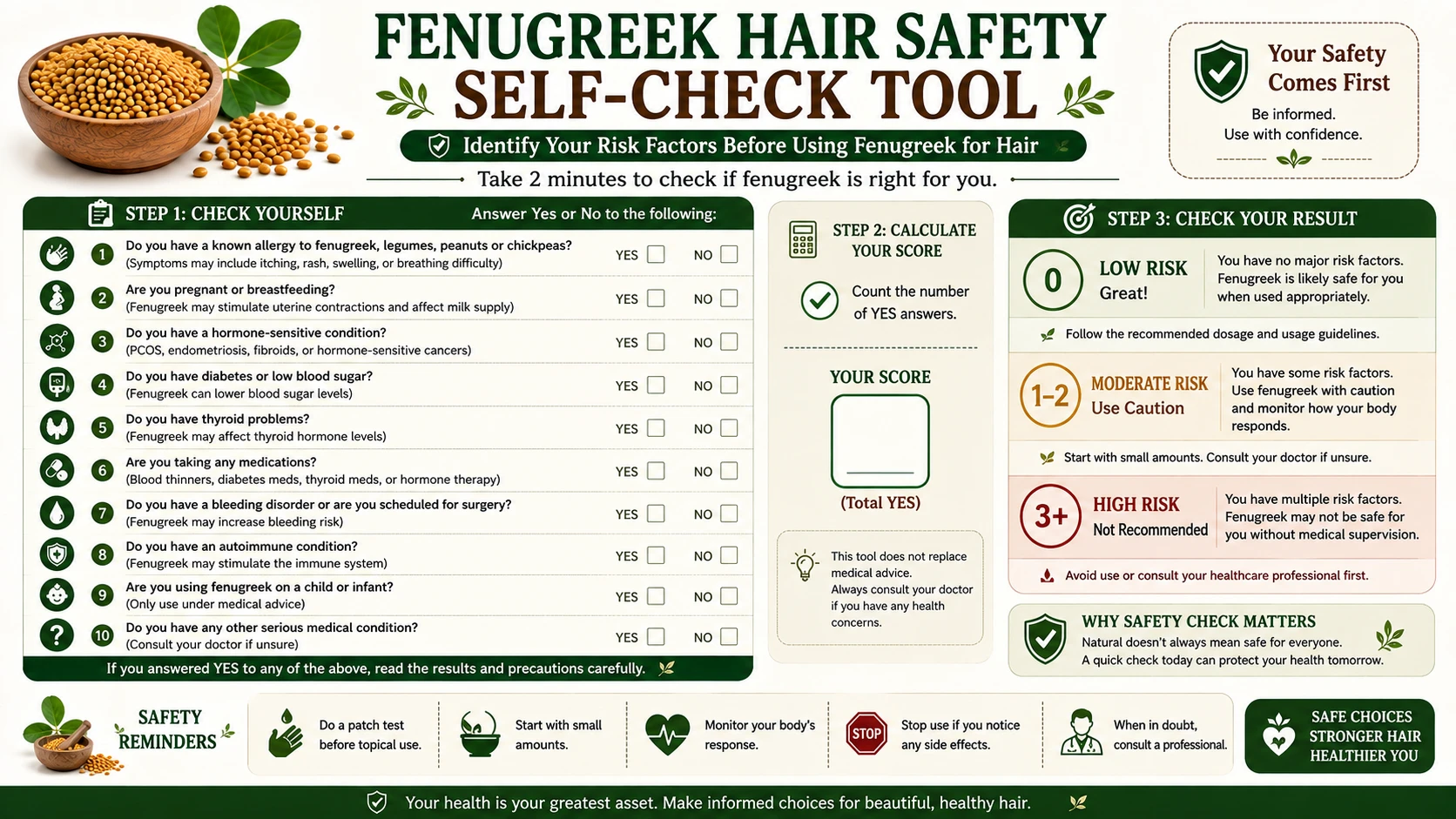 Banner illustrating the fenugreek hair safety self-check tool for identifying risk factors before use