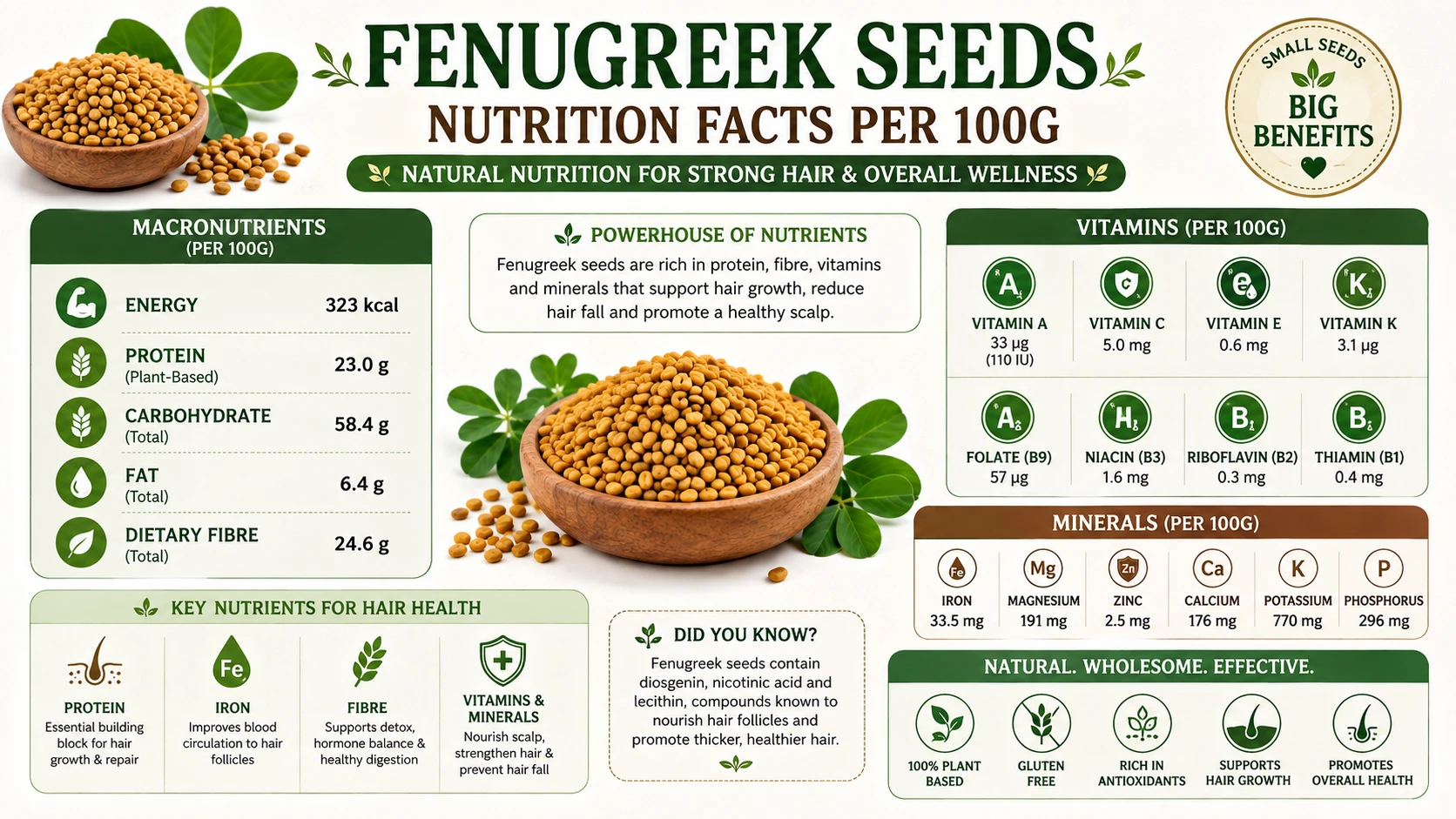 Fenugreek seeds nutrition facts infographic per 100g showing protein iron fibre and vitamin content for hair health